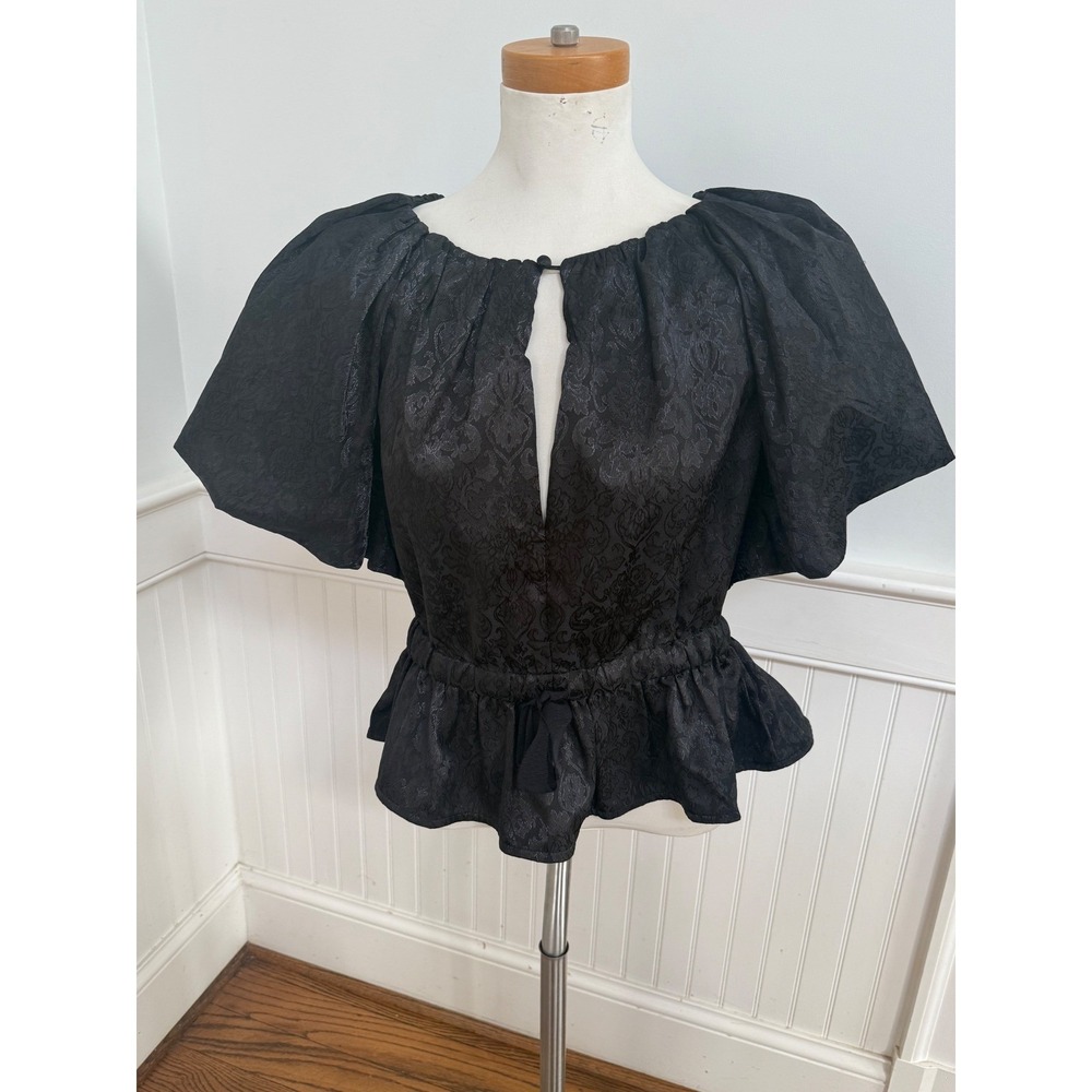 Trish Scully Black Jacquard Peplum Top Flutter Sleeve Keyhole Bow Medium